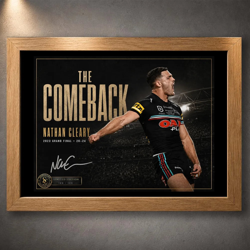 Oak framed Nathan Cleary wall art featuring The Comeback design in a warm timber frame against a dark wall.