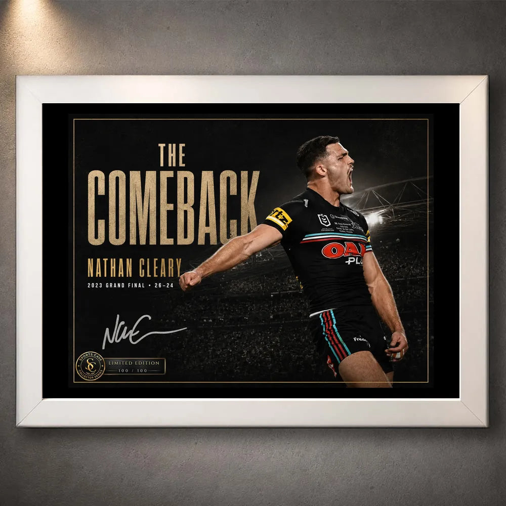 White framed Nathan Cleary wall art featuring The Comeback design in a clean white frame against a dark wall.