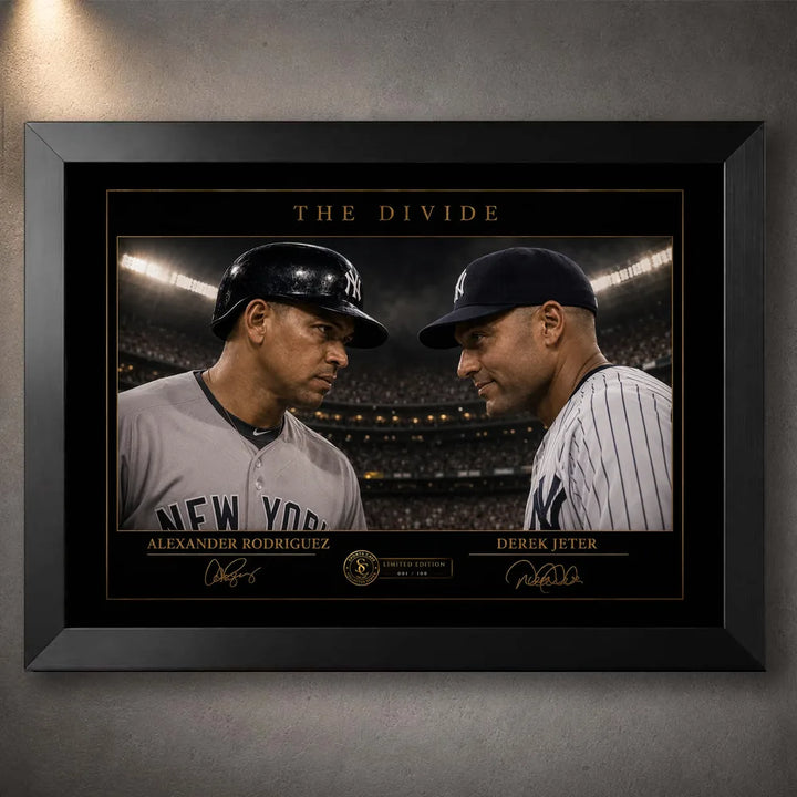 Alex Rodriguez and Derek Jeter face off in The Divide baseball wall art, displayed in a premium black frame.