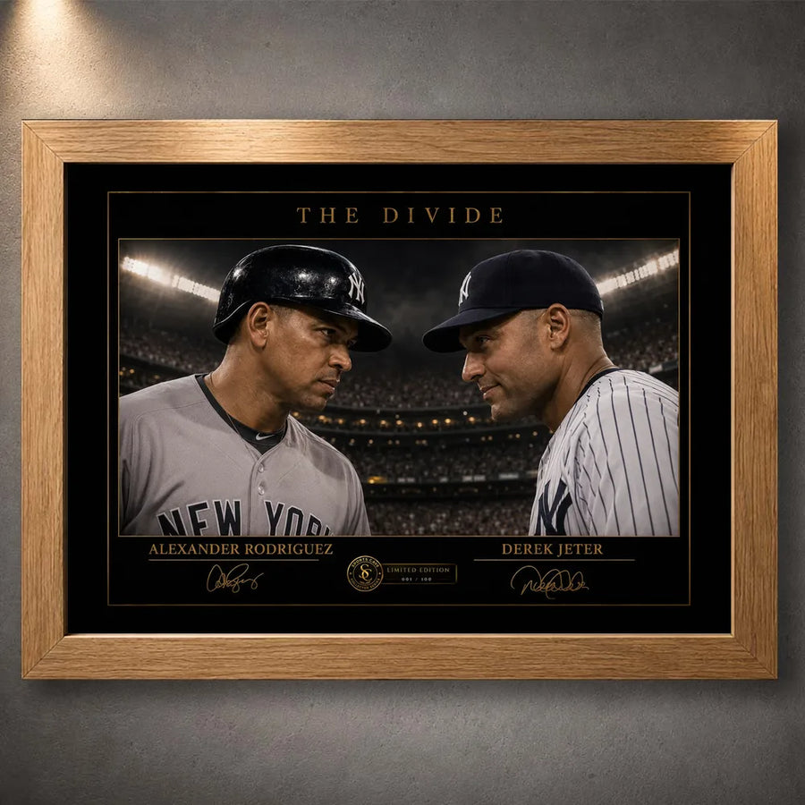 The Divide baseball wall art featuring Alex Rodriguez and Derek Jeter, presented in a natural oak frame.
