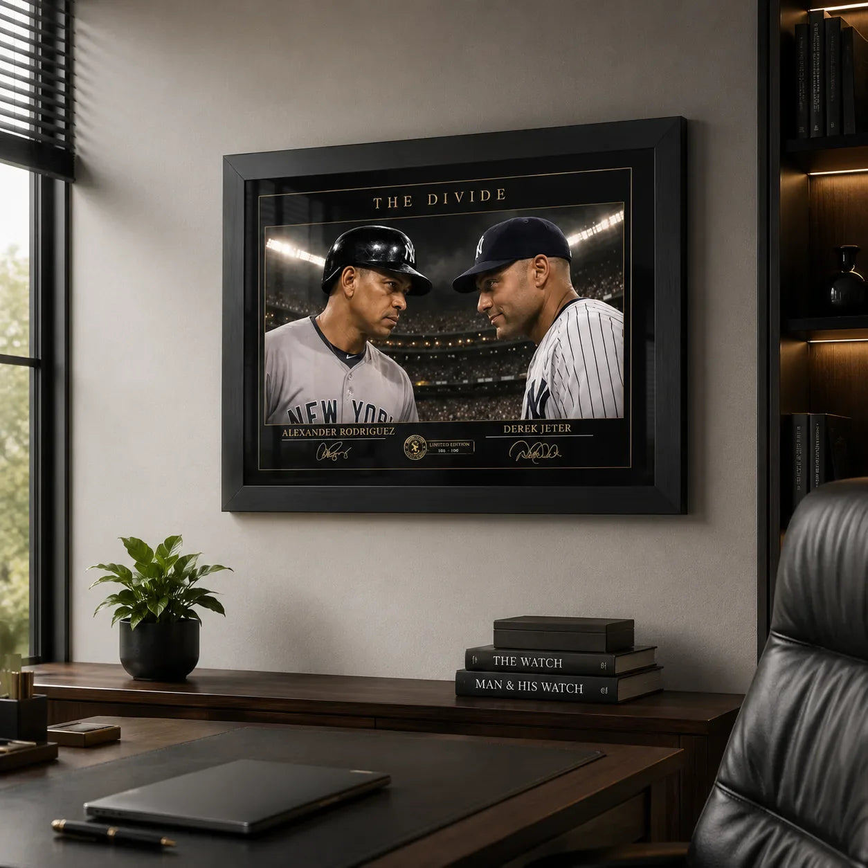 The Divide Alex Rodriguez and Derek Jeter baseball wall art displayed in a premium home office above a timber desk.
