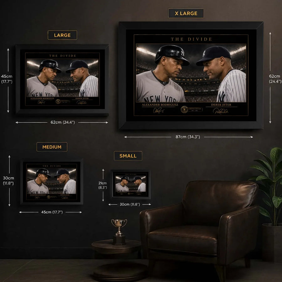 Size guide showing Small, Medium, Large and XL options for The Divide Alex Rodriguez and Derek Jeter baseball wall art.