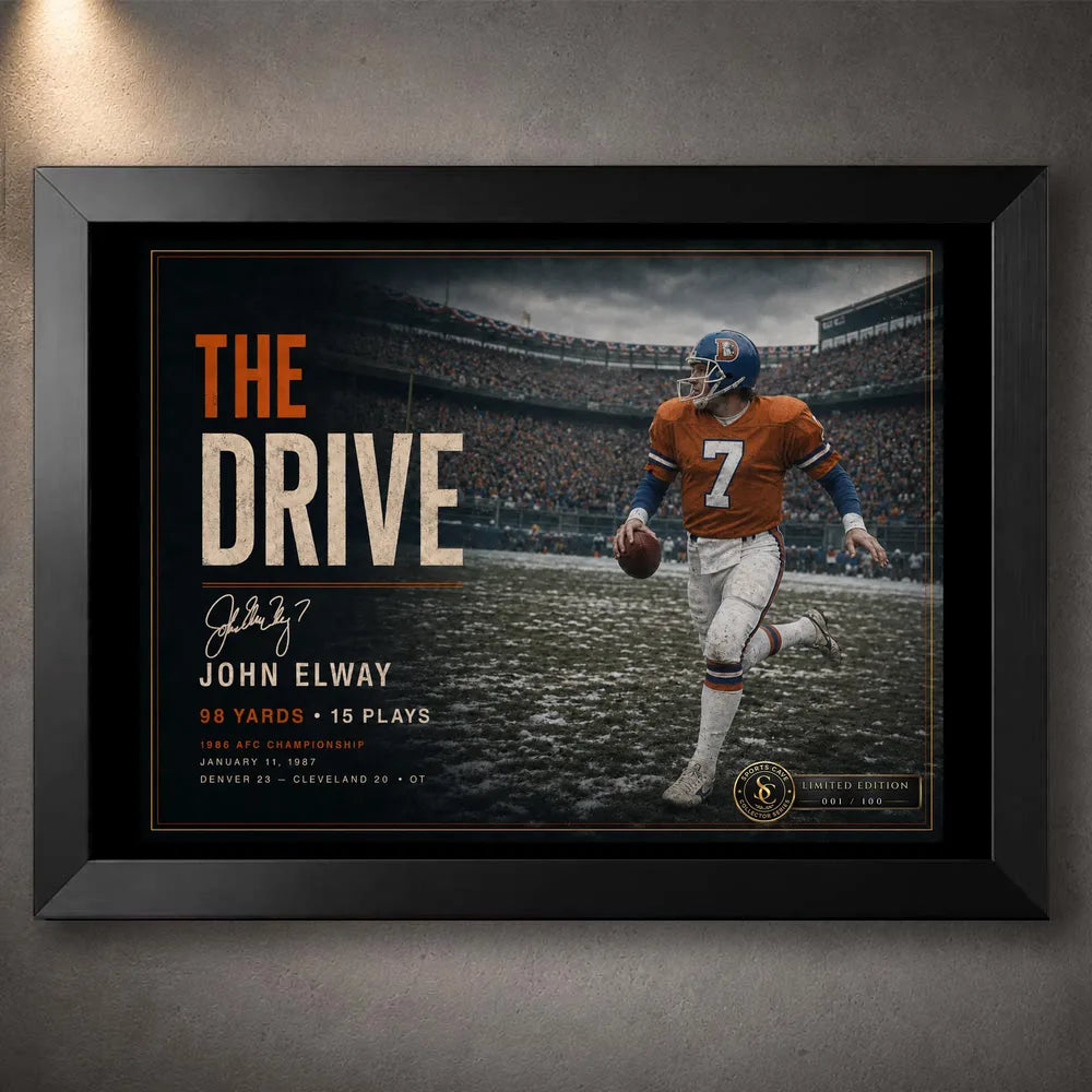 Black framed John Elway wall art featuring The Drive tribute, created for NFL collectors and dedicated Denver football fans.