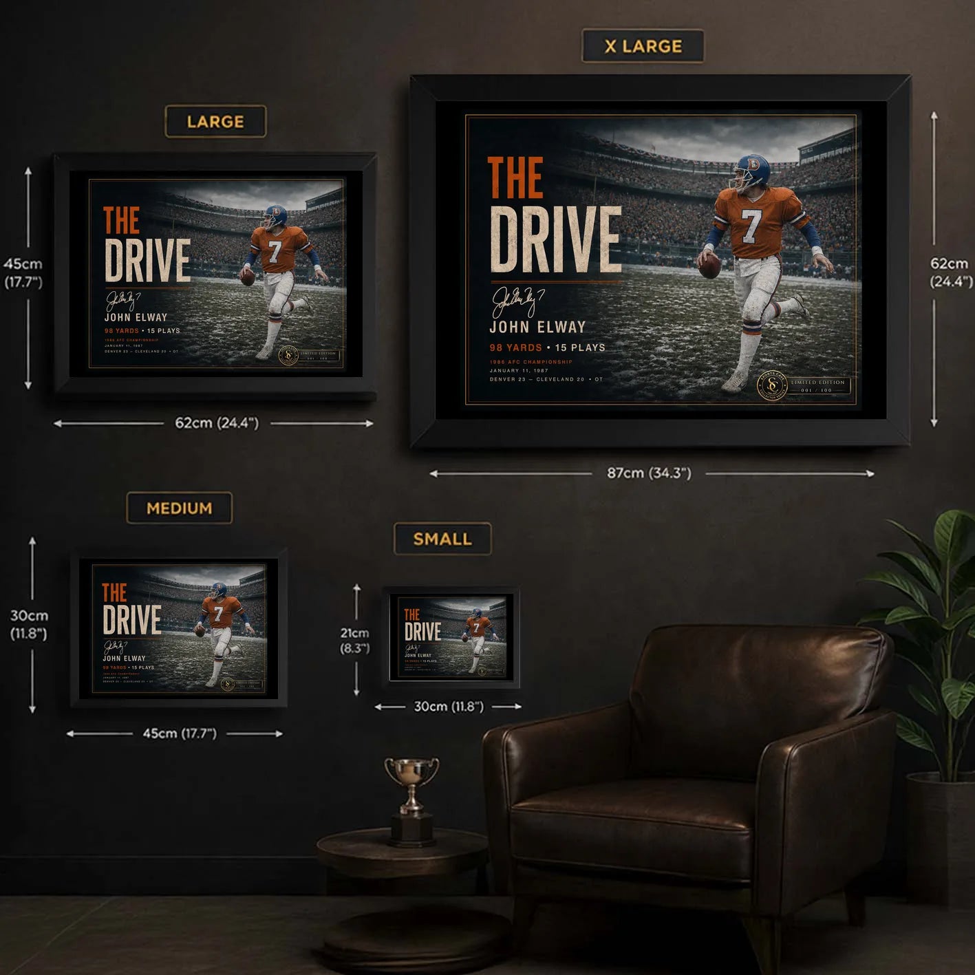 The Drive wall art size guide showing Small, Medium, Large and XL framed dimensions for the John Elway collector design.