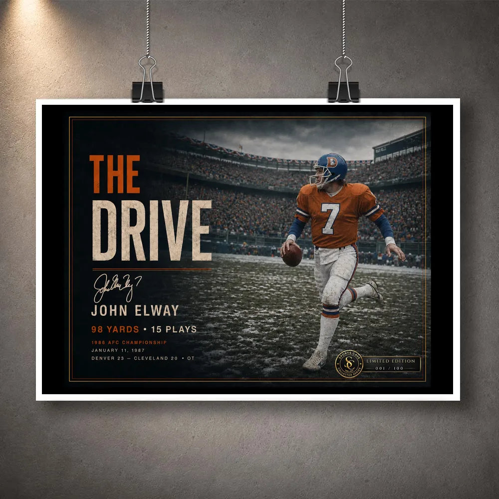Unframed John Elway wall art featuring The Drive tribute with a white border, ready for a custom frame or collector display.