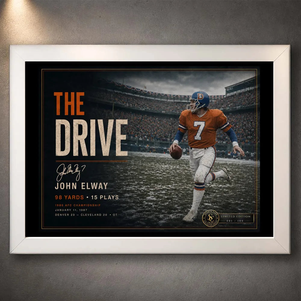 White framed John Elway wall art featuring The Drive tribute, offering a clean display option for NFL collectors.