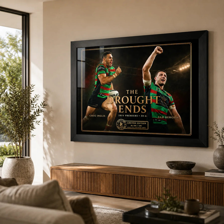 The Drought Ends Greg Inglis and Sam Burgess wall art styled in a bright modern living room above a timber console.