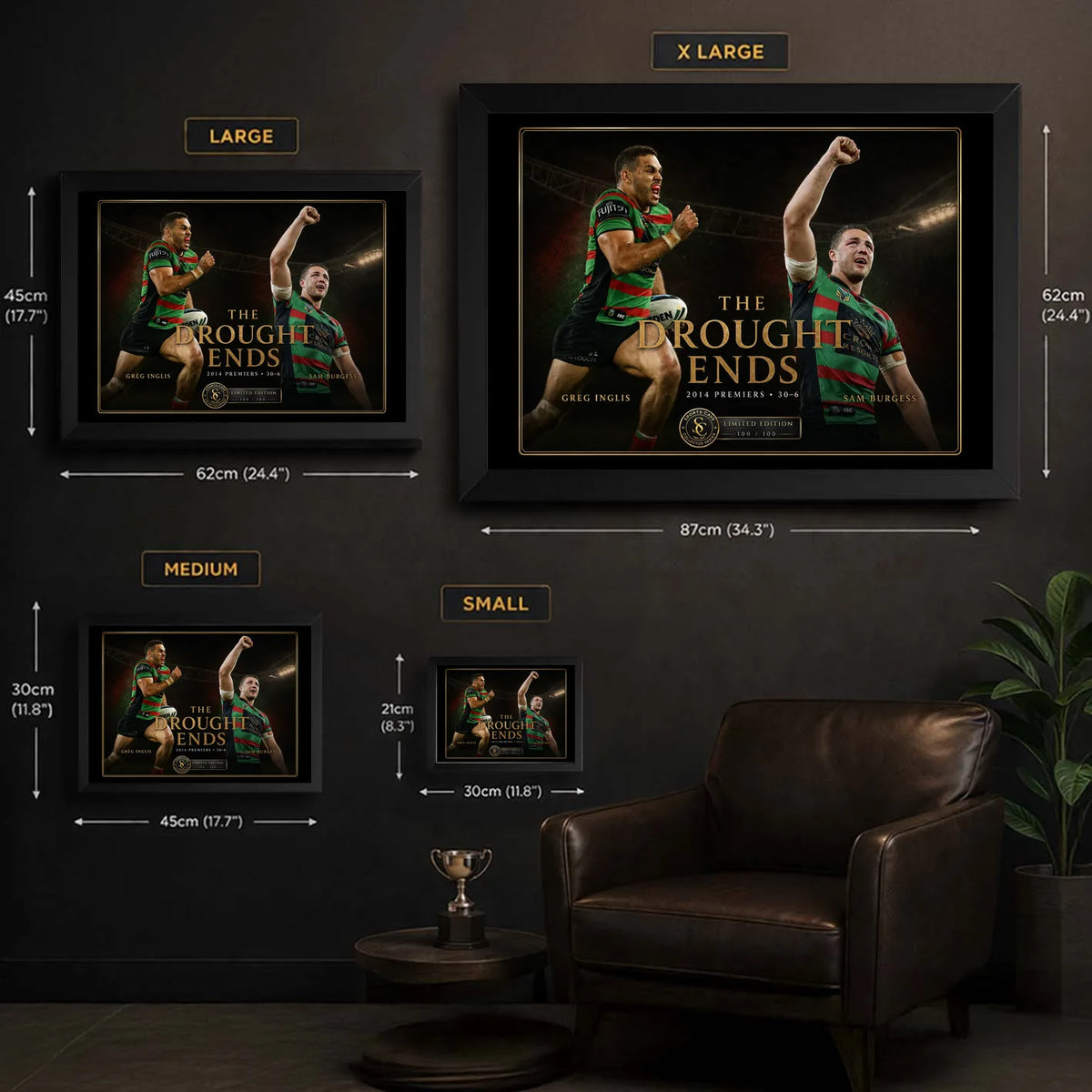 The Drought Ends wall art size guide showing Small, Medium, Large and X Large framed dimensions.