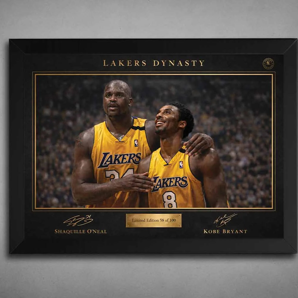 Shaquille O’Neal and Kobe Bryant Lakers Dynasty artwork in black frame, premium sports collectibles display.