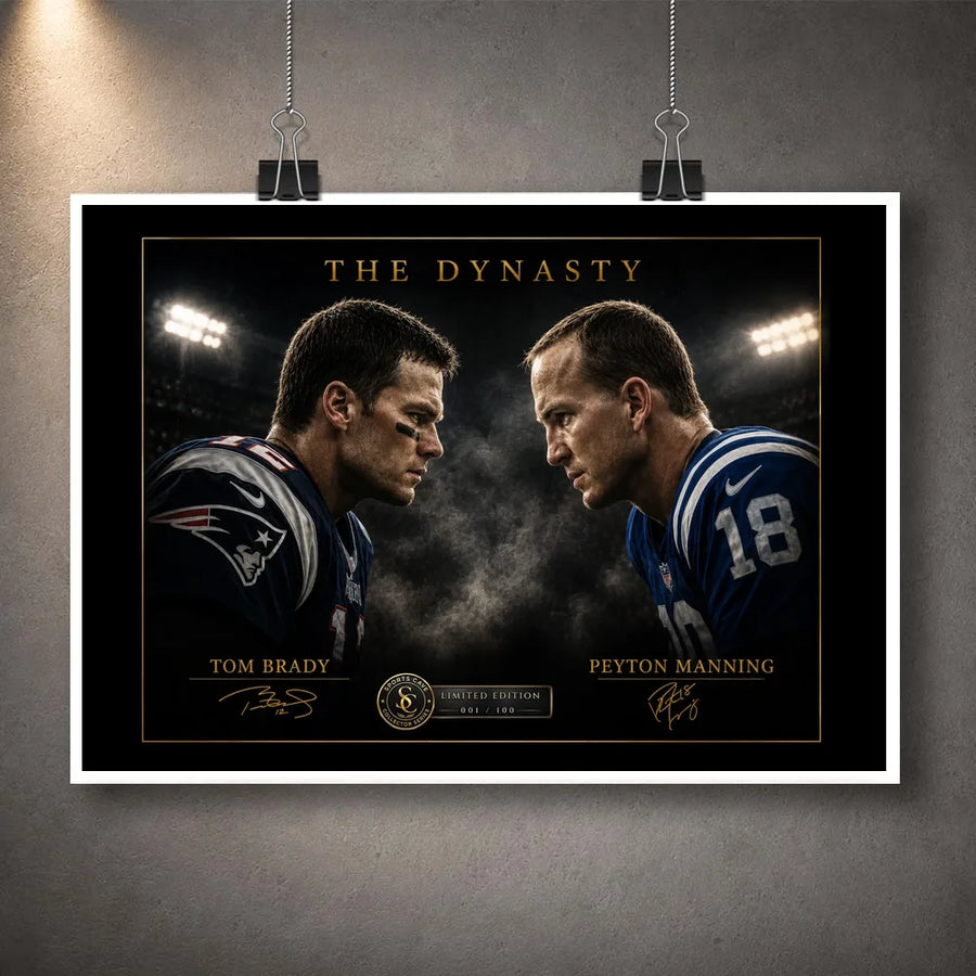 Unframed Tom Brady vs Peyton Manning NFL wall art print featuring The Dynasty face-off collector design