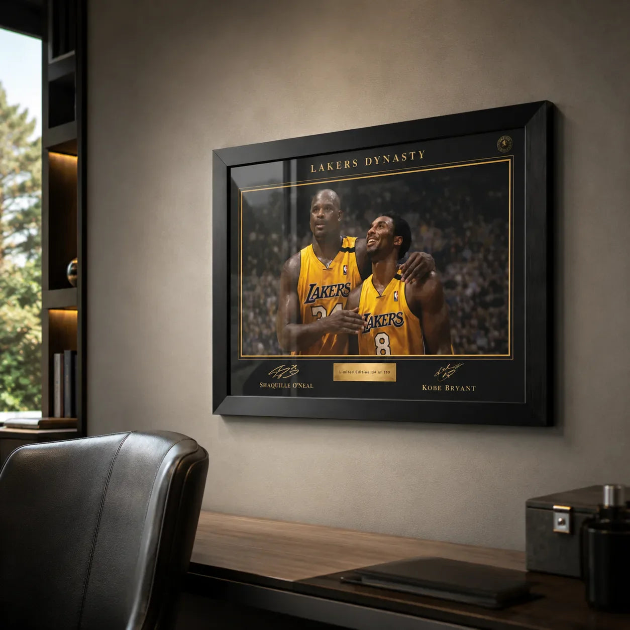 Lakers Dynasty NBA framed sports art displayed in a premium office with desk, window light and black timber frame.