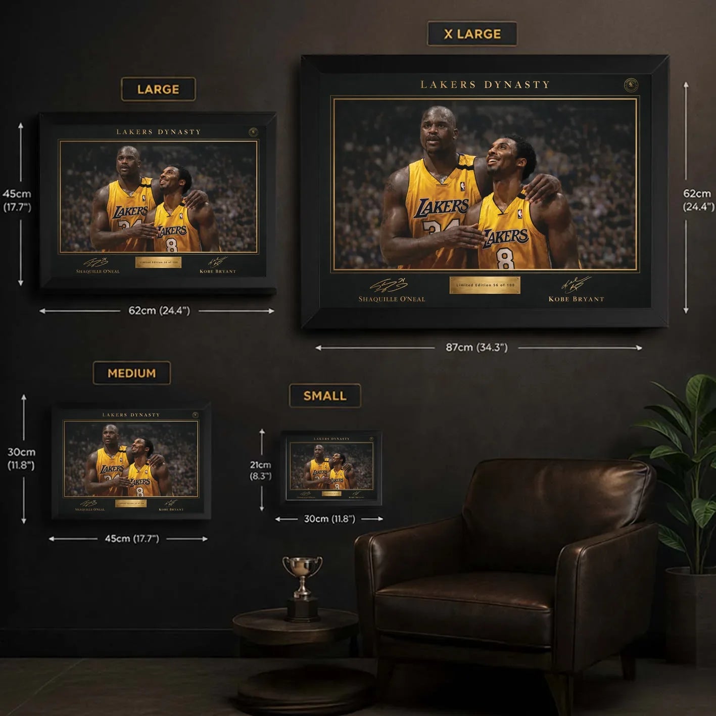 Lakers Dynasty NBA wall art size guide showing small, medium, large and extra large framed options.
