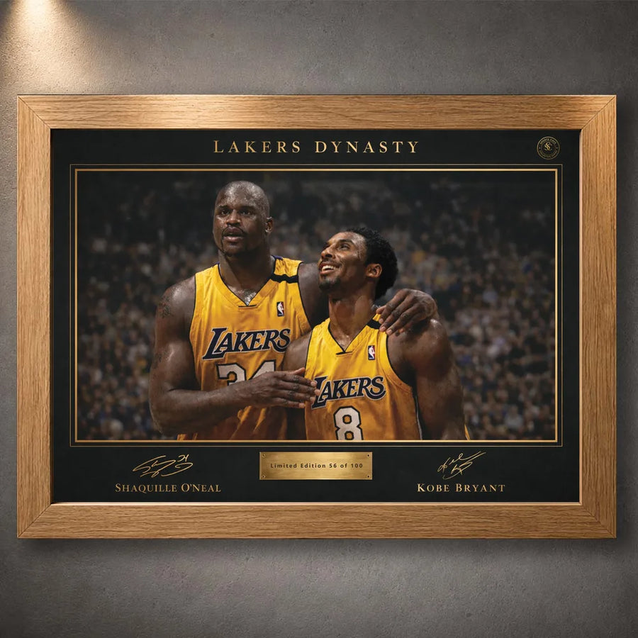 Shaquille O’Neal and Kobe Bryant Lakers Dynasty NBA wall art shown in a premium oak frame.