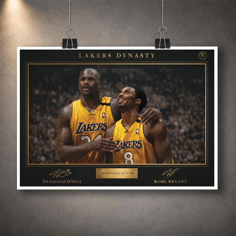 Unframed Lakers Dynasty NBA wall art featuring Shaquille O’Neal and Kobe Bryant in a championship-era scene.