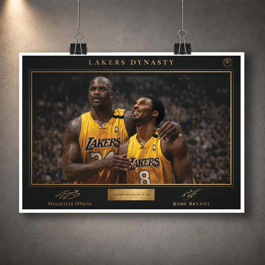 Unframed Lakers Dynasty NBA wall art featuring Shaquille O’Neal and Kobe Bryant in a championship-era scene.