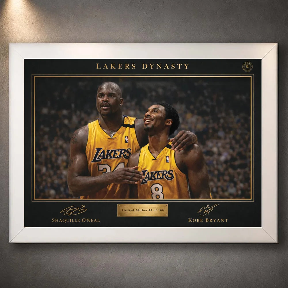 Shaquille O’Neal and Kobe Bryant Lakers Dynasty NBA wall art shown in a premium white frame.