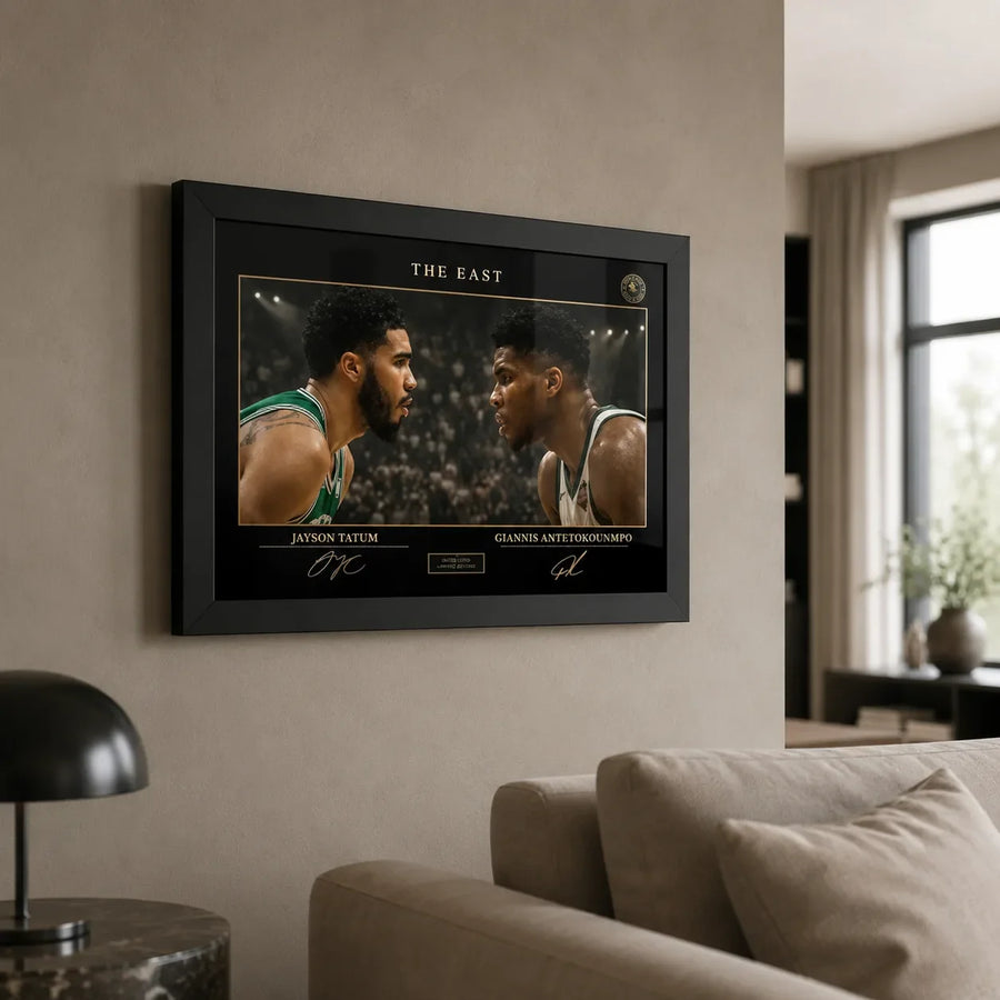 Framed basketball wall art in a premium home setting
