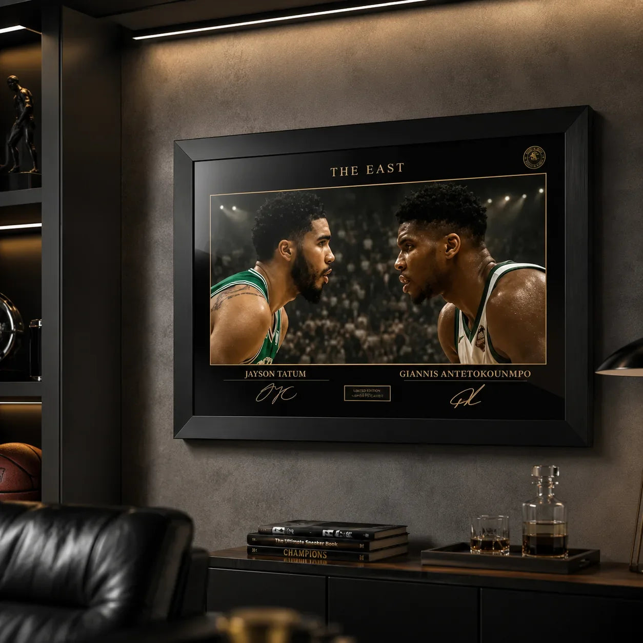 Black framed basketball wall art shown in a dark collector room setting