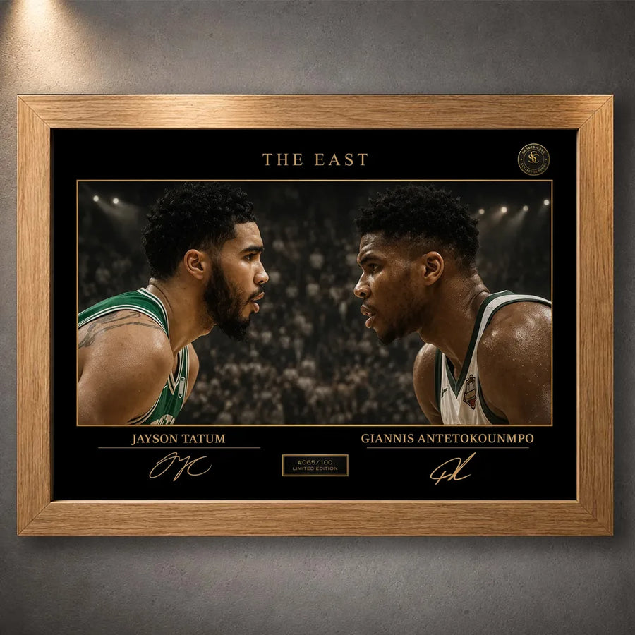 The East NBA wall art shown in an oak frame with gold collector details