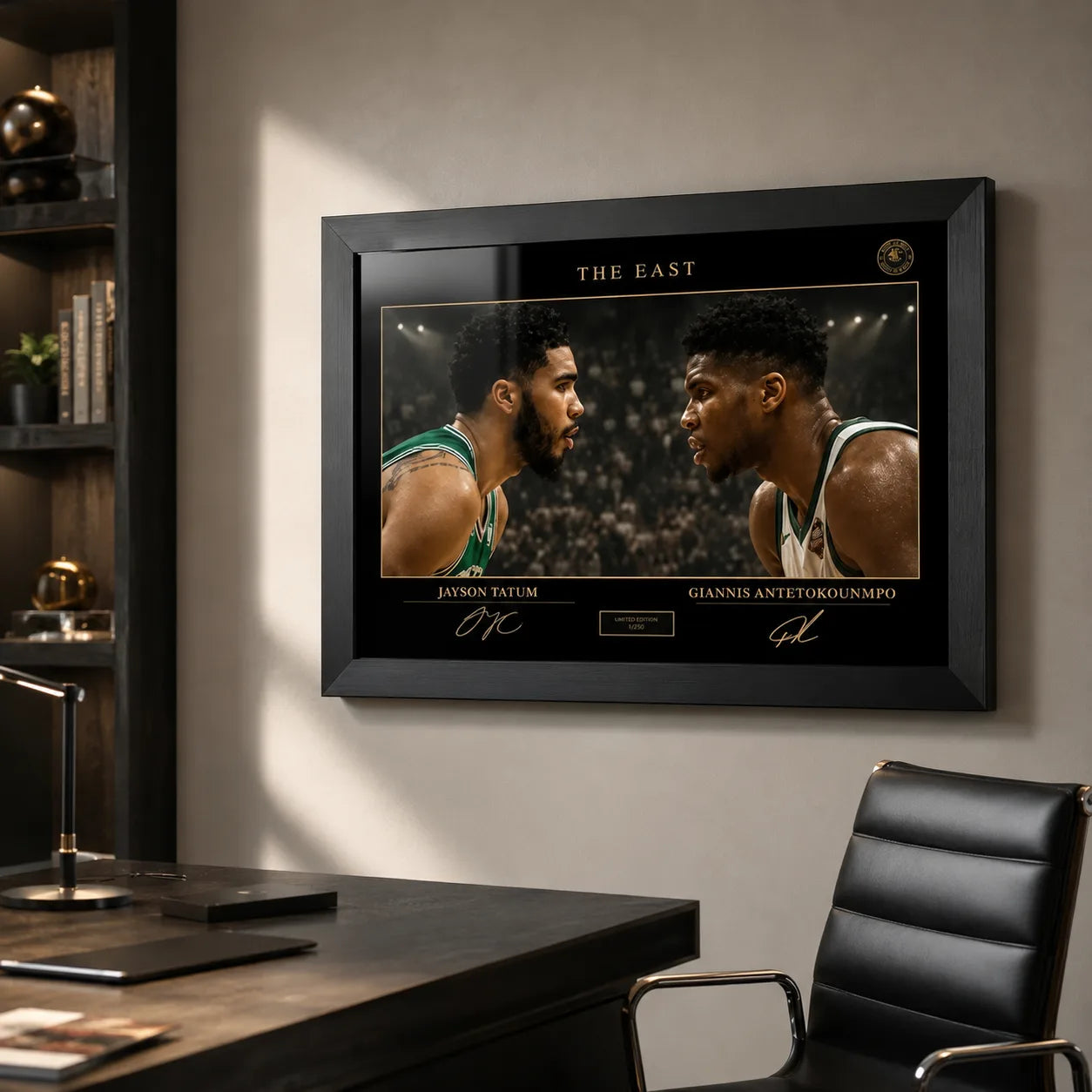 Framed basketball artwork displayed in a modern office above a desk