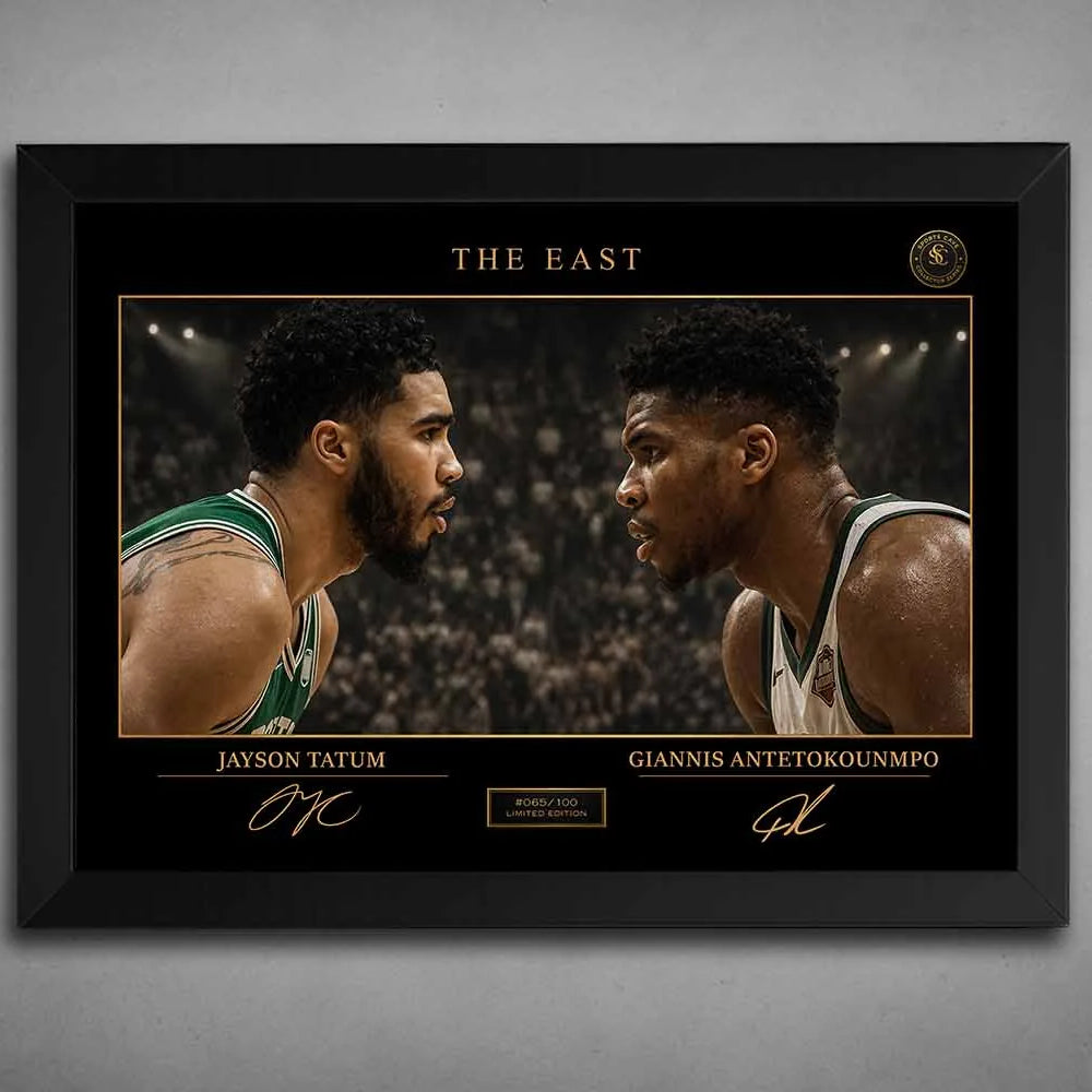 Jayson Tatum vs Giannis Antetokounmpo NBA showdown artwork in black frame, premium framed sports art with gold details