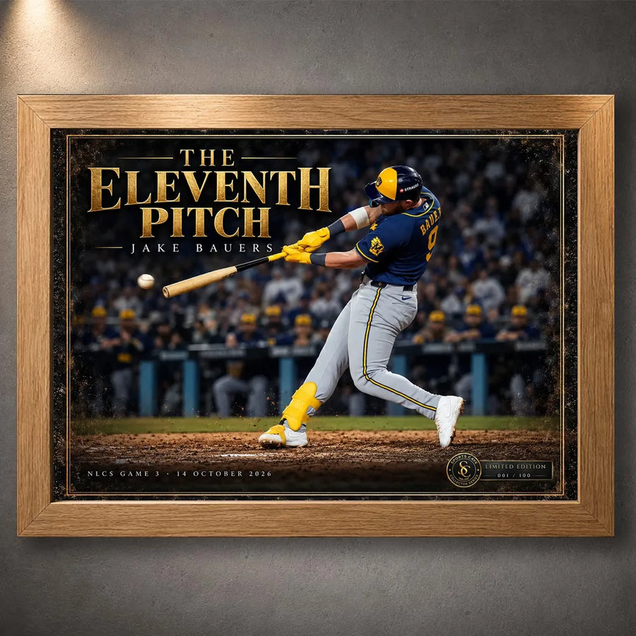 Oak framed Jake Bauers wall art with The Eleventh Pitch design and a gold border around the baseball scene.