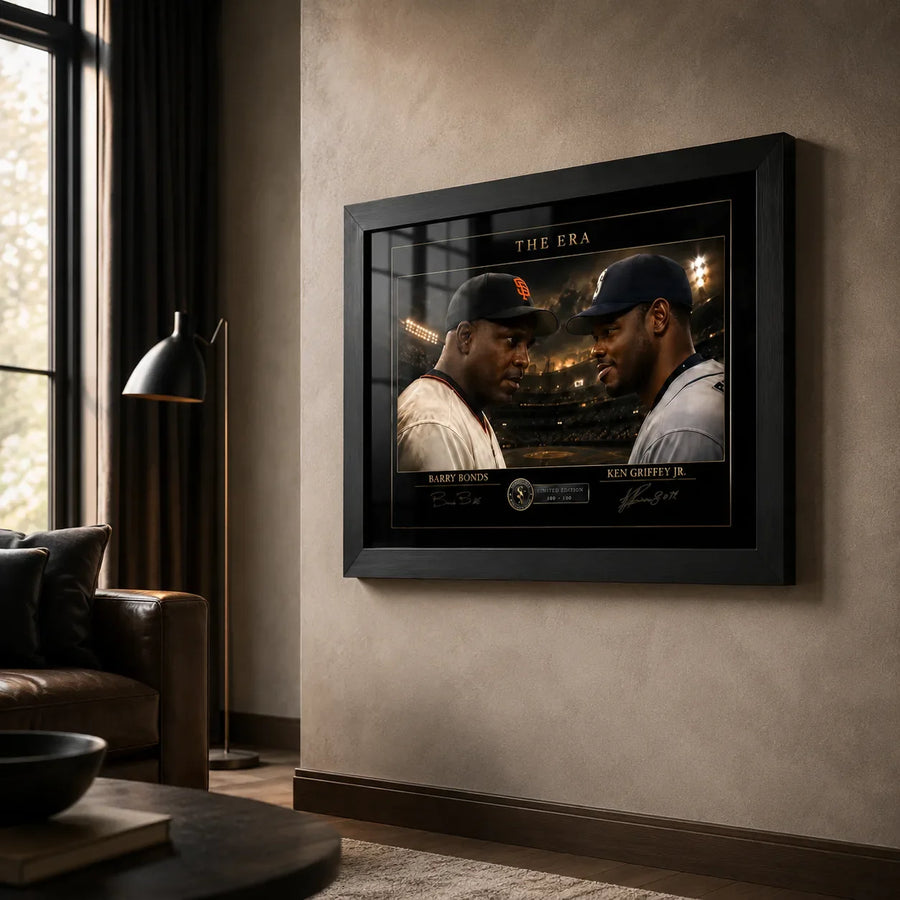 The Era Barry Bonds and Ken Griffey Jr. baseball wall art displayed in a warm, premium living room setting.