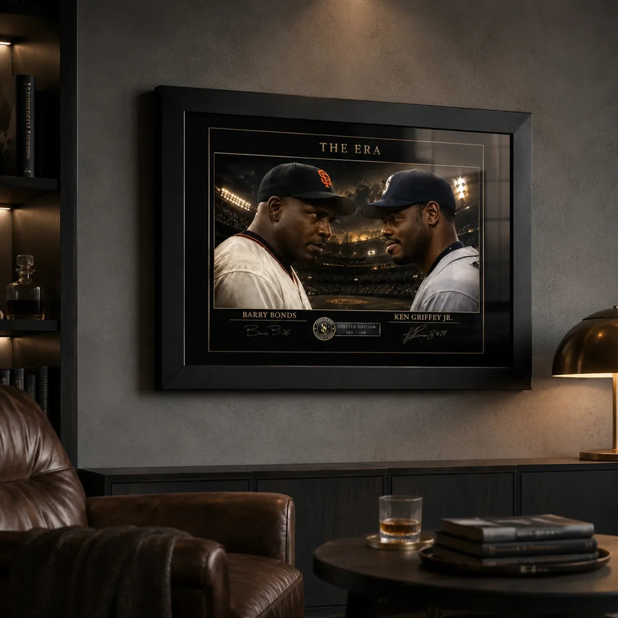 Barry Bonds and Ken Griffey Jr. framed baseball wall art featured in a dark, collector-style man cave interior.