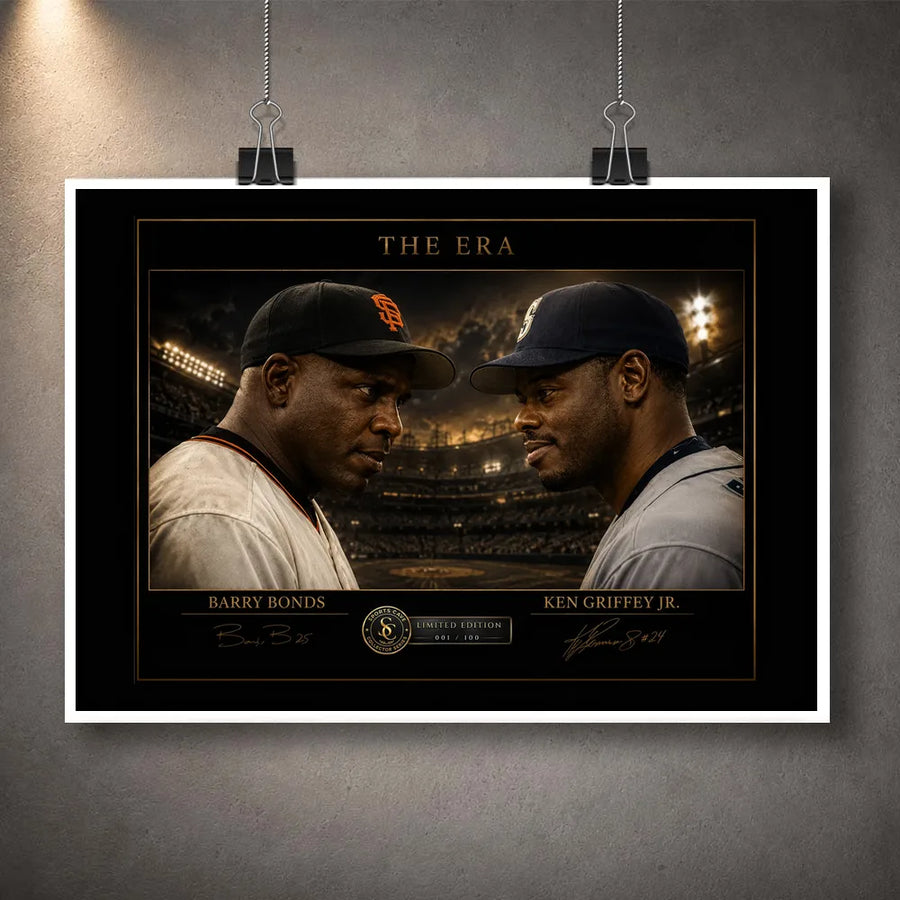 Unframed The Era baseball wall art showing Barry Bonds and Ken Griffey Jr. beneath dramatic stadium lights.