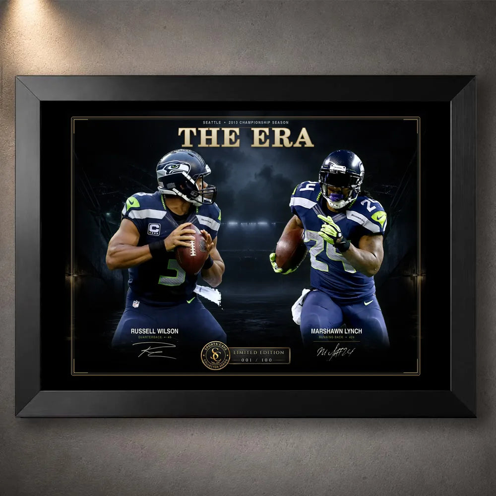 Black framed The Era NFL wall art featuring Russell Wilson and Marshawn Lynch in Seattle football uniforms.