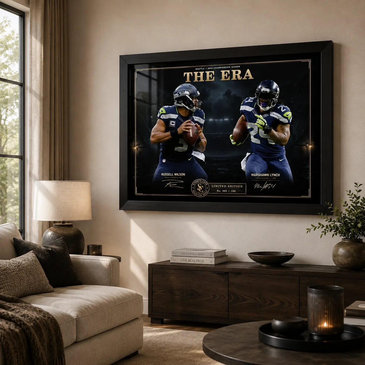 The Era wall art with Russell Wilson and Marshawn Lynch displayed in a bright modern living room.