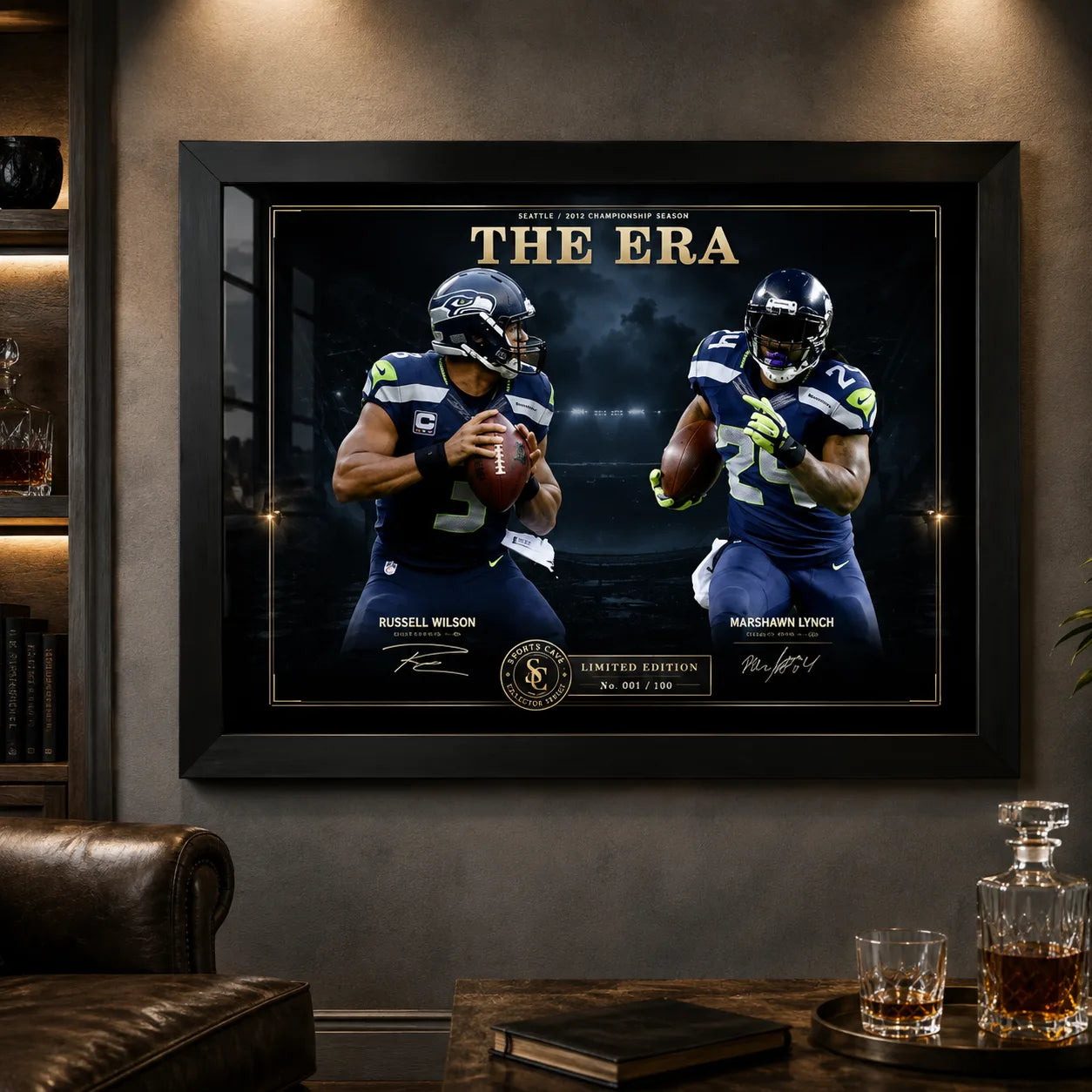 Black framed The Era football wall art displayed in a dark man cave with warm spot lighting.