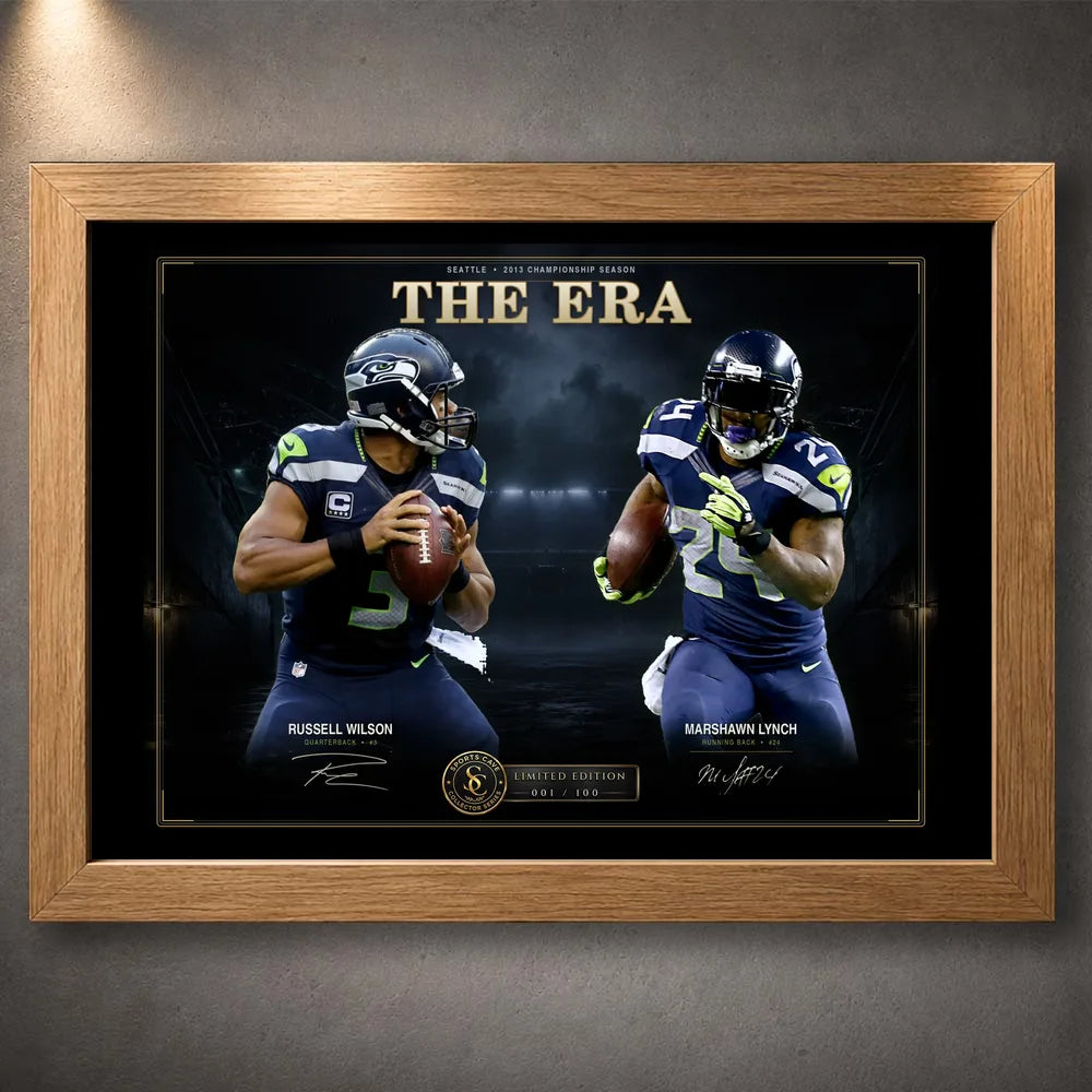 Oak framed The Era football wall art featuring Russell Wilson and Marshawn Lynch against a stadium backdrop.
