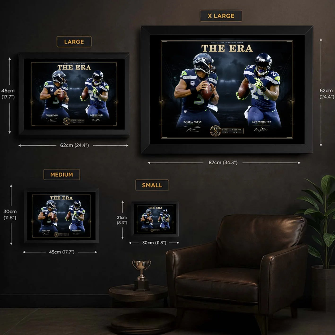 The Era wall art size guide showing Small, Medium, Large and XL framed dimensions in centimetres and inches.