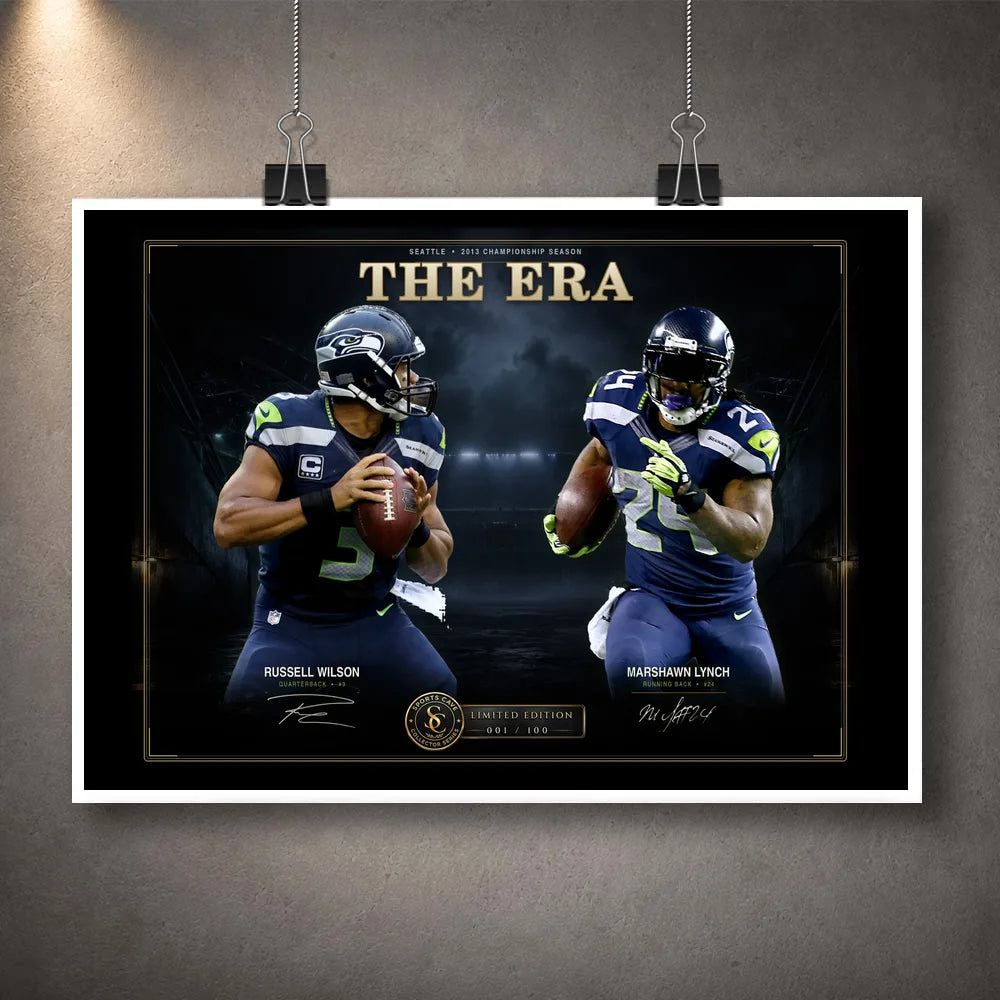 Unframed The Era NFL wall art design featuring Russell Wilson and Marshawn Lynch in Seattle football uniforms.