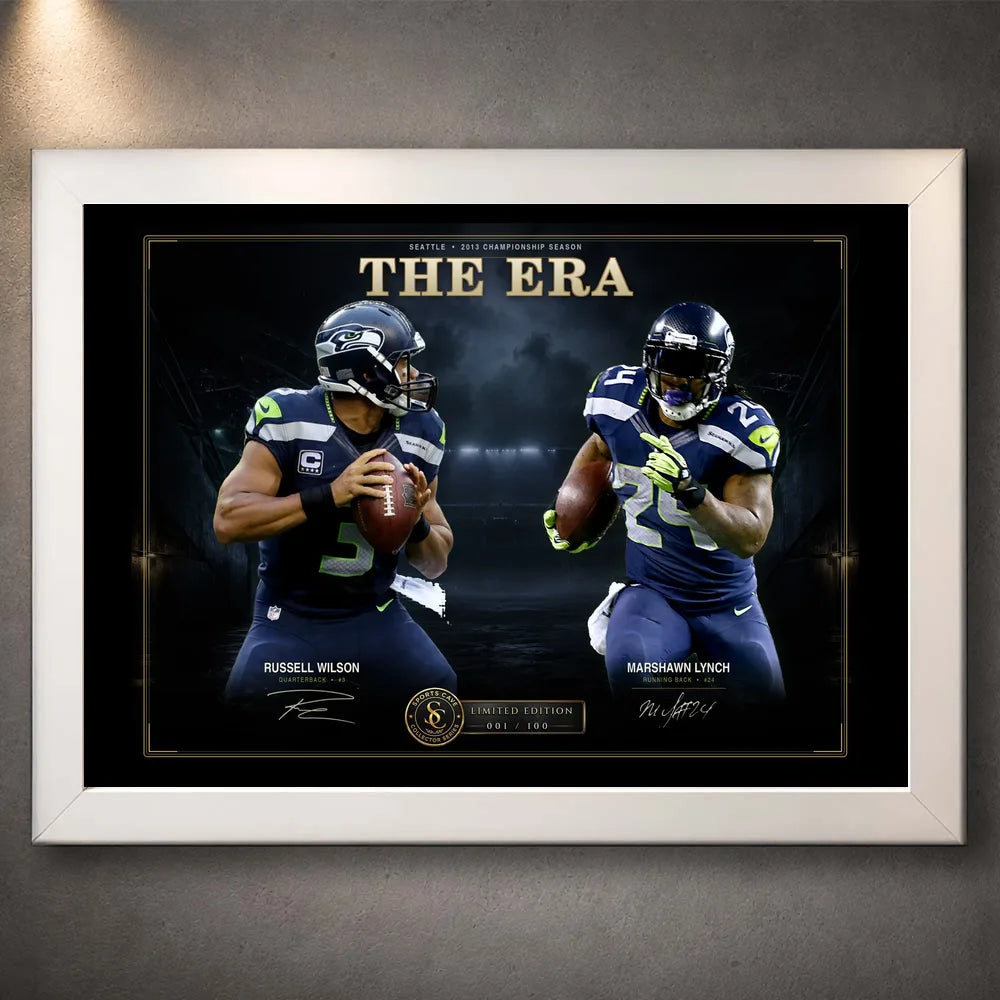 White framed The Era football wall art featuring Russell Wilson and Marshawn Lynch against a dark stadium scene.