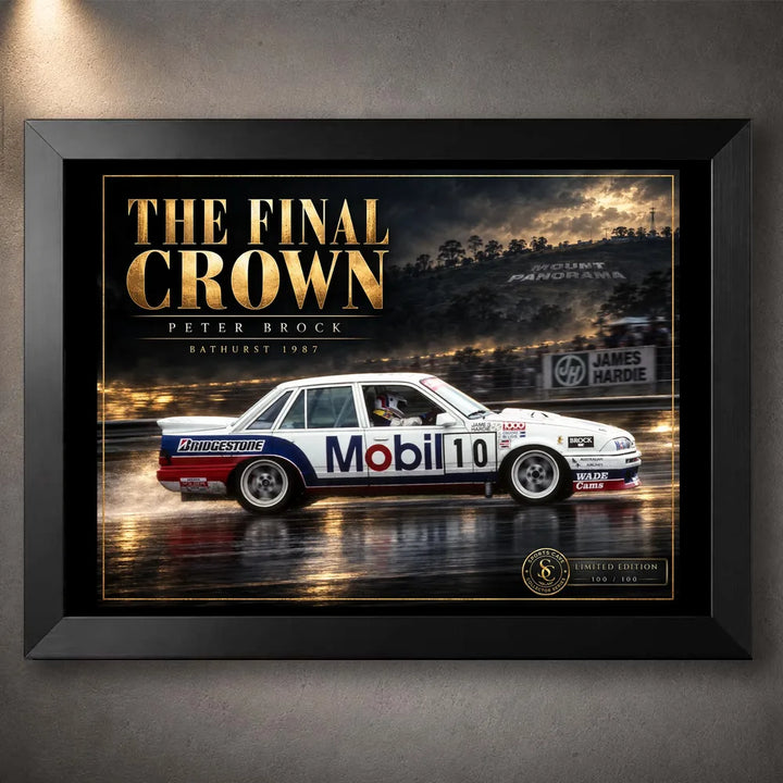 Black framed Peter Brock The Final Crown motorsport wall art featuring the Bathurst-themed collector design.
