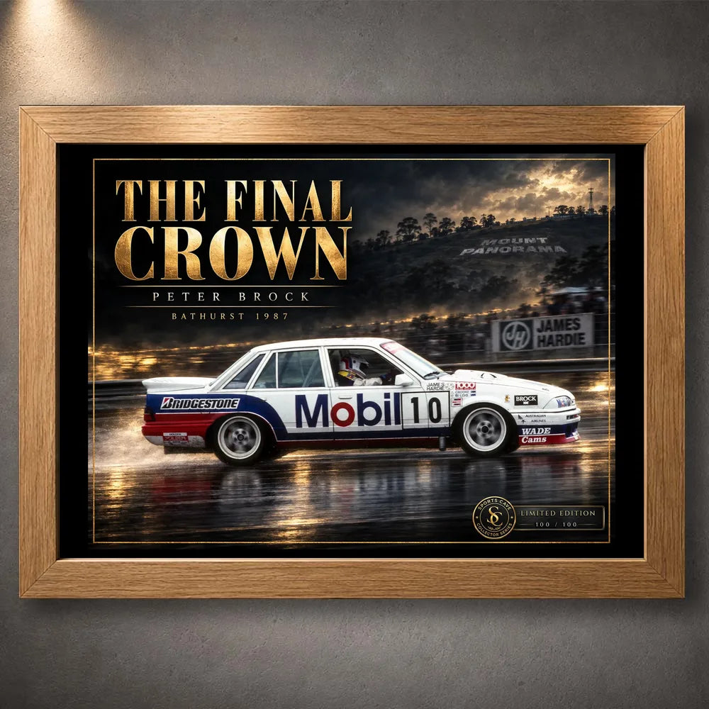 Oak framed Peter Brock The Final Crown motorsport wall art for a premium sports art collection.