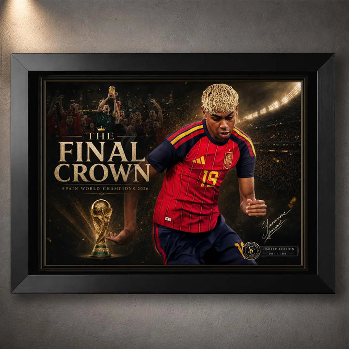 Black framed The Final Crown Spain World Champions football wall art featuring a player, trophy and stadium crowd