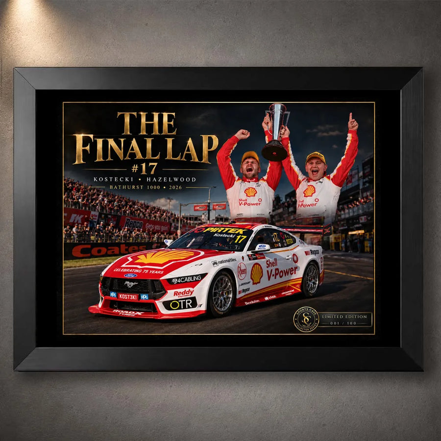 Black-framed Kostecki and Hazelwood Bathurst 1000 wall art showing their #17 Shell V-Power Ford Mustang and trophy.