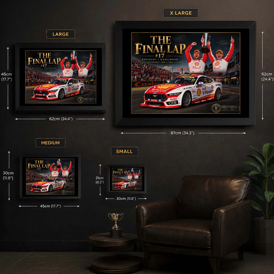 The Final Lap #17 wall art size guide comparing XL, Large, Medium and Small framed print dimensions.