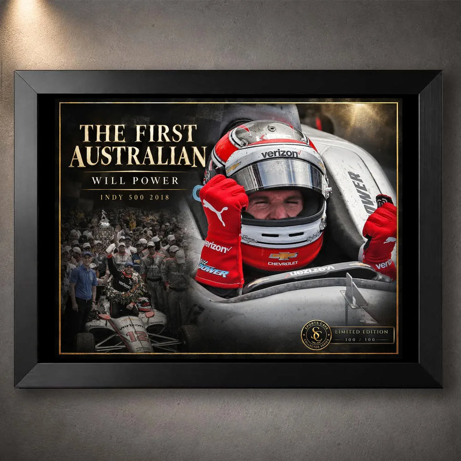 Black framed Will Power motorsport wall art featuring his 2018 Indy 500 victory tribute for racing collectors.