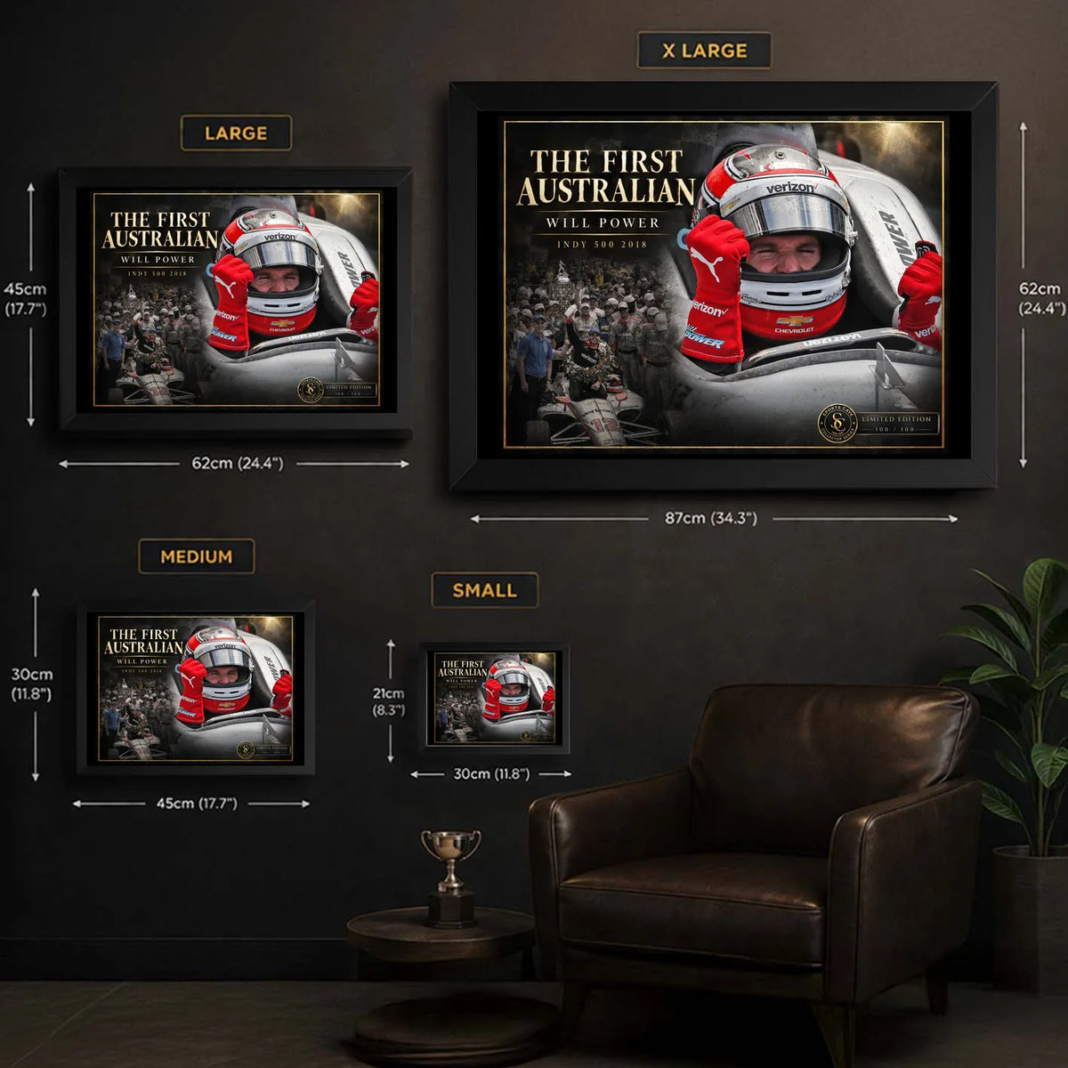 Will Power wall art size guide showing Small, Medium, Large and X Large framed dimensions in centimetres and inches.