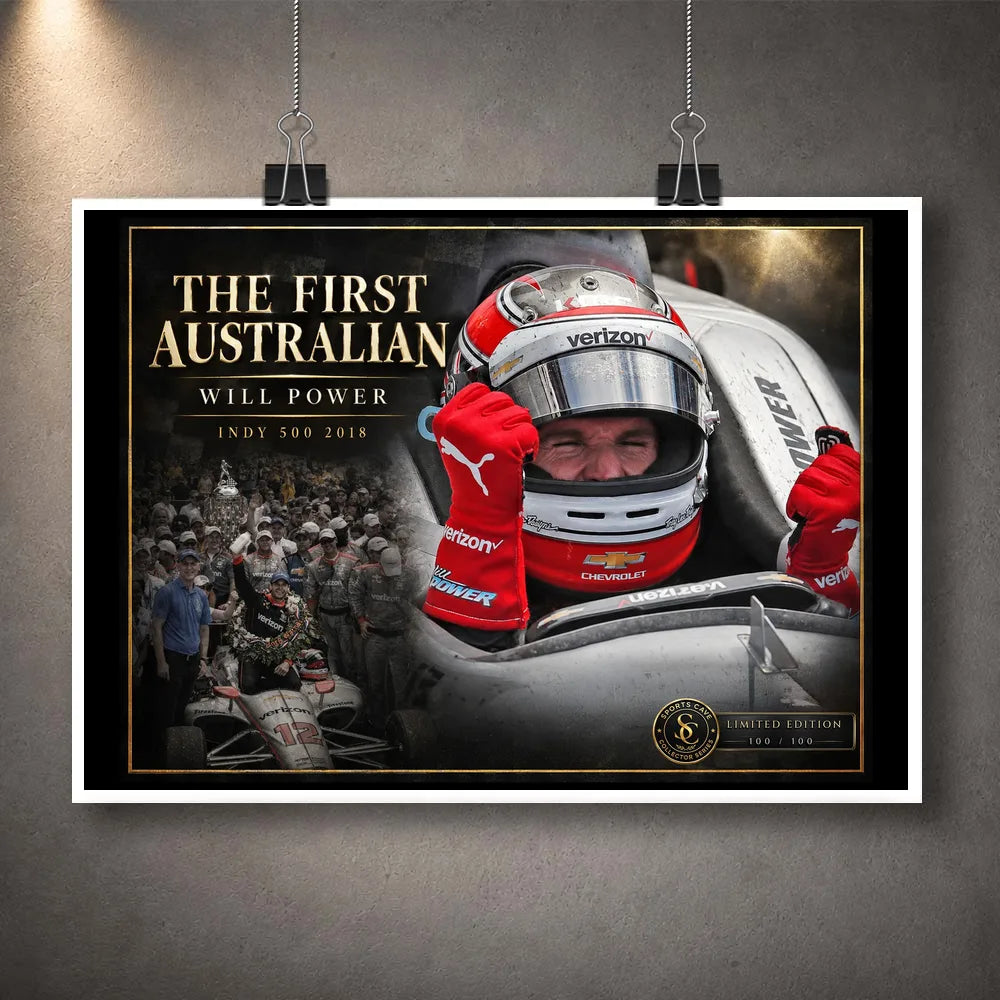 Unframed Will Power motorsport wall art featuring The First Australian 2018 Indy 500 tribute with collector edition plaque.