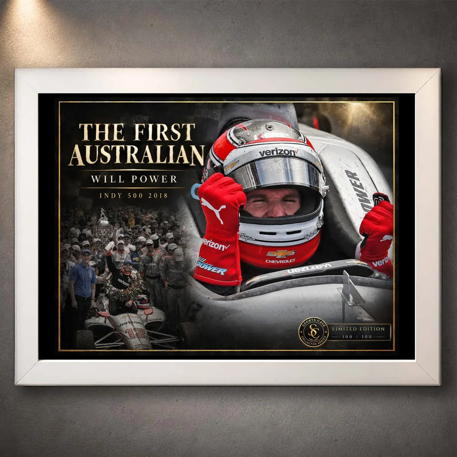 White framed Will Power motorsport wall art featuring The First Australian 2018 Indy 500 tribute on a dark display wall.