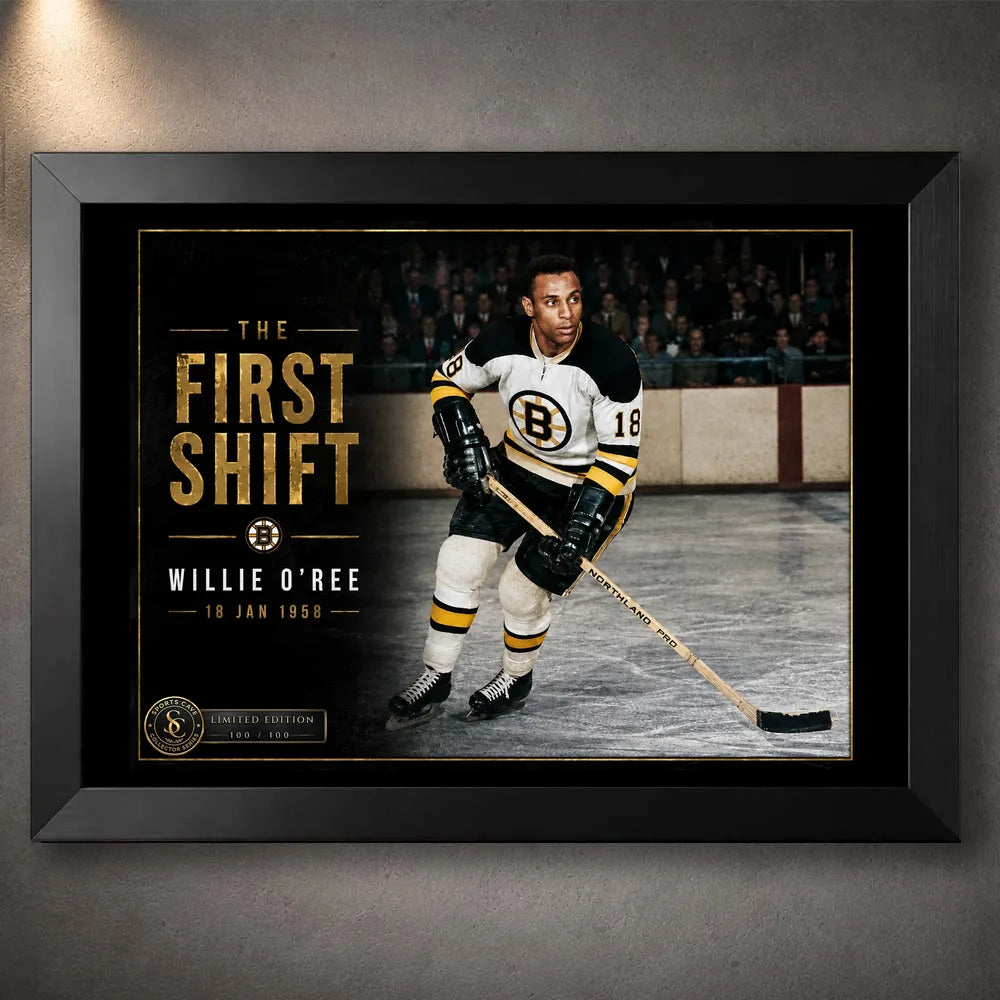 Black framed Willie O'Ree hockey wall art featuring The First Shift design for a sports room, office or collector display.