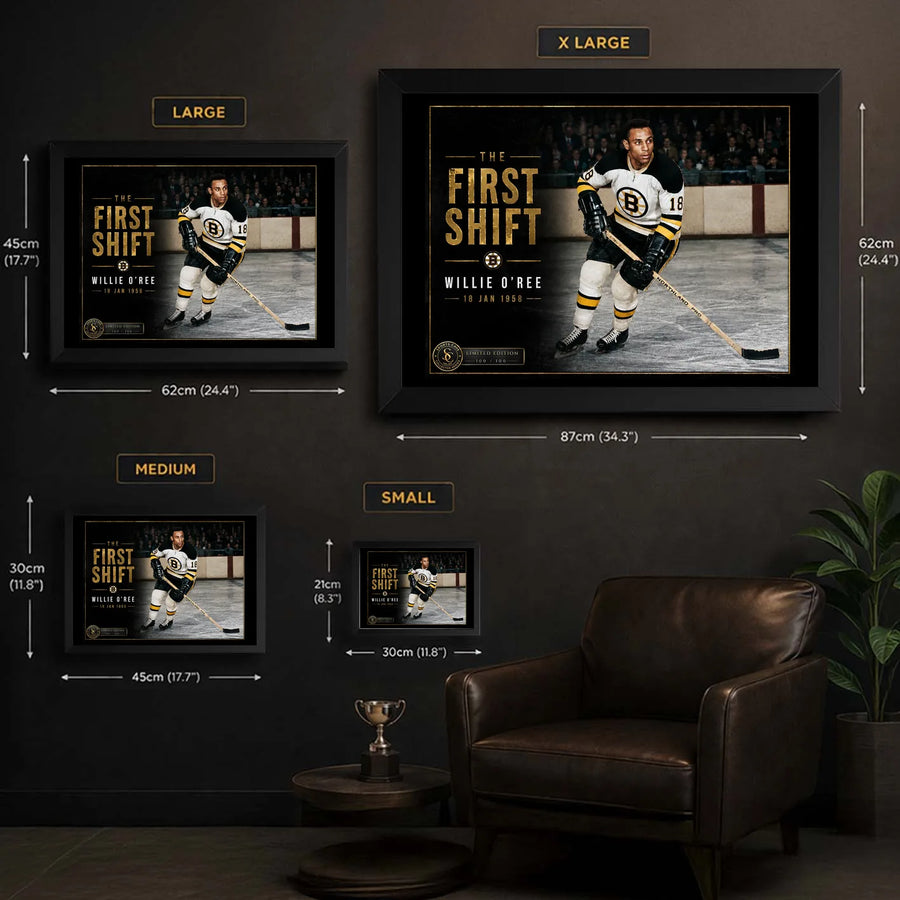Willie O'Ree wall art size guide showing the available framed artwork dimensions from small through extra large.