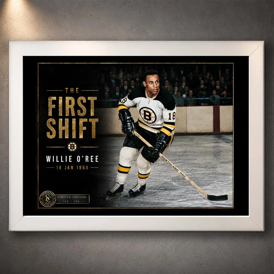 White framed Willie O'Ree hockey wall art featuring The First Shift design for a clean sports room or office display.