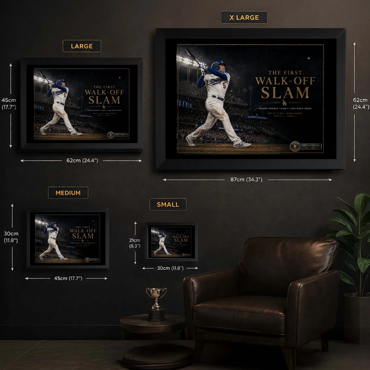 Freddie Freeman wall art size guide showing XL, L, M and S framed dimensions for the collector print.