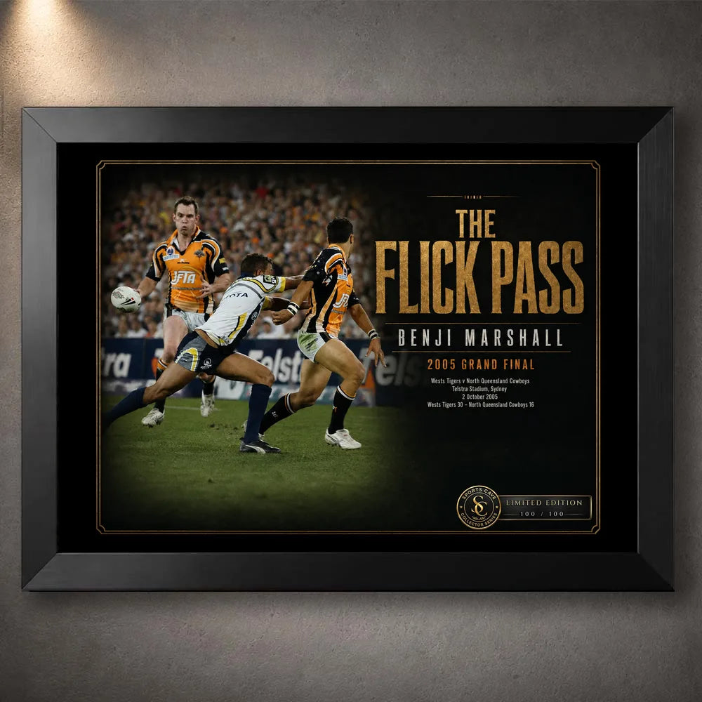 Black framed Benji Marshall wall art featuring The Flick Pass from the 2005 Grand Final for rugby league collectors.